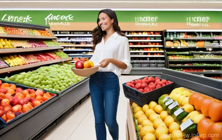 넛지 테크닉을 활용한 정책 설계 방법 - **Prompt:** A bright and inviting supermarket aisle. The foreground features a vibrant display of fr...