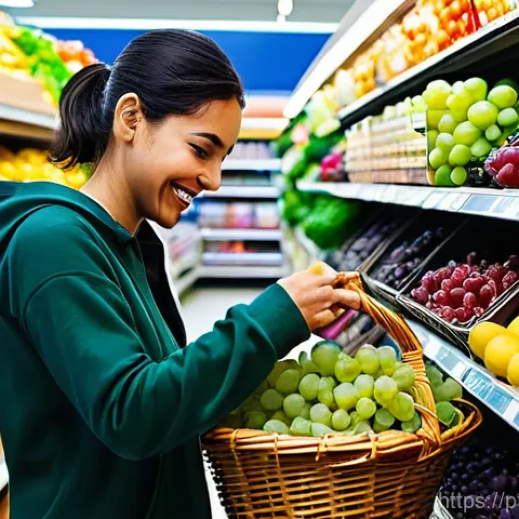 넛지 기법의 심리학적 원리 설명하기 - **Prompt:** A vibrant, eye-level shot of a modern supermarket produce section in Portugal. The shelv...