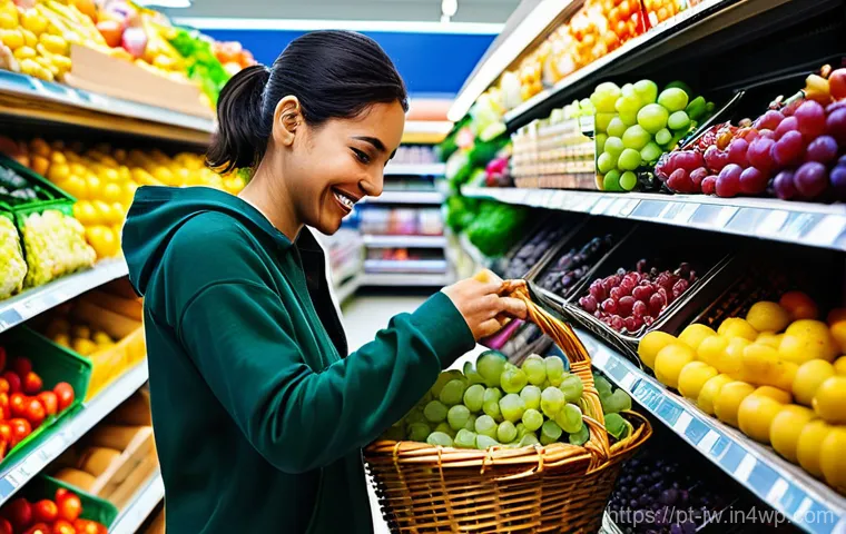 넛지 기법의 심리학적 원리 설명하기 - **Prompt:** A vibrant, eye-level shot of a modern supermarket produce section in Portugal. The shelv...