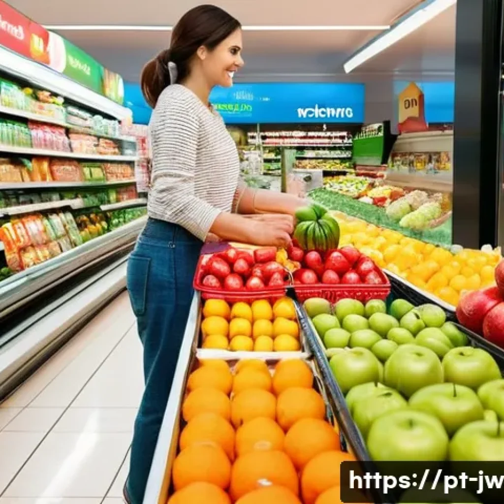 넛지 활용을 위한 실용적인 도구와 기법 - **Prompt:** A brightly lit, modern Portuguese supermarket aisle. In the foreground, a display of vib...