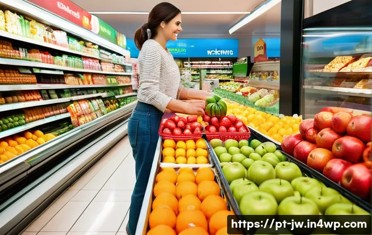 넛지 활용을 위한 실용적인 도구와 기법 - **Prompt:** A brightly lit, modern Portuguese supermarket aisle. In the foreground, a display of vib...