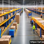 넛지 기법을 활용한 물류 최적화 방법 - A modern Brazilian logistics warehouse interior, bustling with diverse workers wearing casual busine...