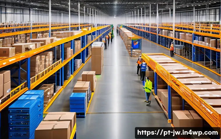 넛지 기법을 활용한 물류 최적화 방법 - A modern Brazilian logistics warehouse interior, bustling with diverse workers wearing casual busine...
