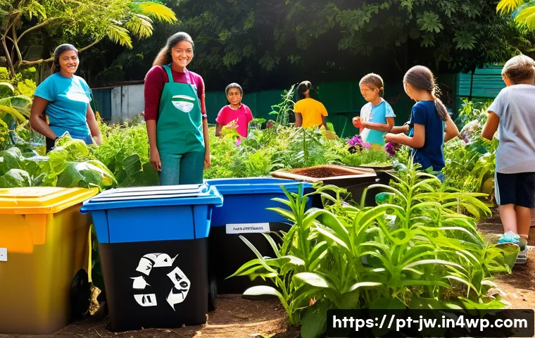 넛지 기법을 통한 환경 보호 촉진 전략 - A vibrant Brazilian community garden scene showcasing diverse people of all ages actively participat...