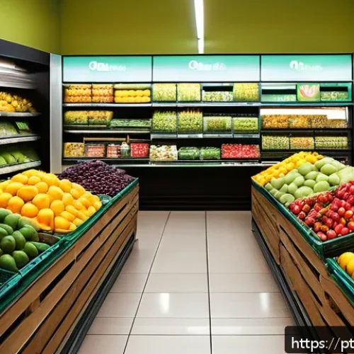 넛지의 심리적 기초와 행동 변화 - A vibrant, well-lit supermarket entrance scene in Brazil, showcasing a colorful and abundant display...