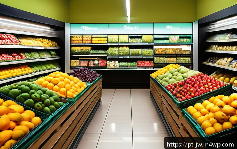 넛지의 심리적 기초와 행동 변화 - A vibrant, well-lit supermarket entrance scene in Brazil, showcasing a colorful and abundant display...
