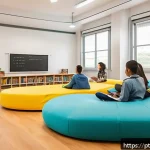 넛지를 활용한 청소년 교육 프로그램 설계 - A vibrant, modern classroom designed for young students in Brazil, featuring flexible seating arrang...