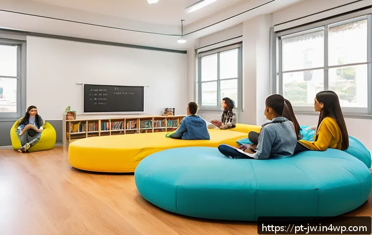 넛지를 활용한 청소년 교육 프로그램 설계 - A vibrant, modern classroom designed for young students in Brazil, featuring flexible seating arrang...
