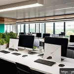 넛지 기법으로 긍정적 기업 문화 조성하기 - A modern corporate office environment featuring an open workspace with employees collaborating near ...