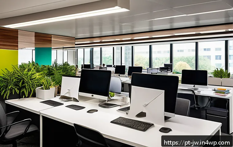 넛지 기법으로 긍정적 기업 문화 조성하기 - A modern corporate office environment featuring an open workspace with employees collaborating near ...