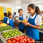 넛지 기법을 통한 사회적 변화 촉진하기 - A vibrant school cafeteria scene in Brazil, showing children happily selecting healthy foods like co...
