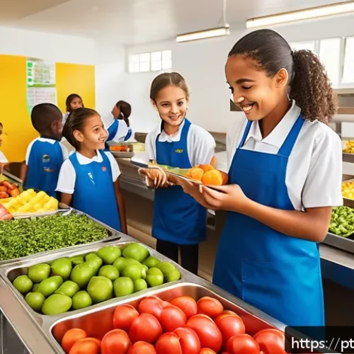 넛지 기법을 통한 사회적 변화 촉진하기 - A vibrant school cafeteria scene in Brazil, showing children happily selecting healthy foods like co...
