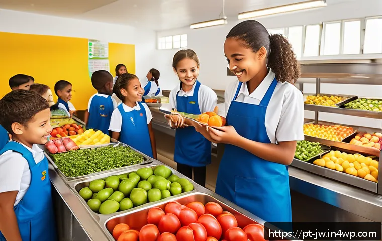 넛지 기법을 통한 사회적 변화 촉진하기 - A vibrant school cafeteria scene in Brazil, showing children happily selecting healthy foods like co...