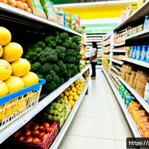 넛지 활용의 장단점 비교 분석 - Photorealistic Brazilian supermarket in São Paulo, a bright produce aisle where colorful fresh fruit...