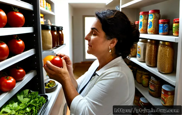 Home 17 넛지를 통한 건강한 식습관 유도하기 - Photorealistic Portuguese family kitchen in Lisbon, a middle-aged woman choosing fresh fruit, tomato...