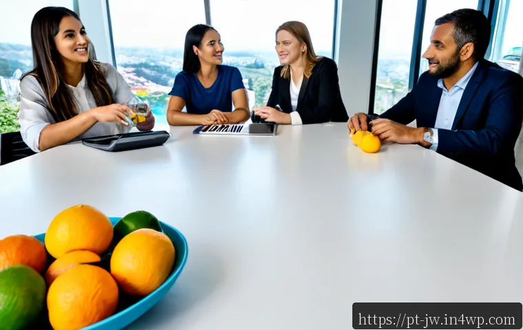 넛지 기법을 통한 다문화 조직 관리 기법 - Photorealistic multicultural workplace in São Paulo, Brazil, diverse adult colleagues around a brigh...